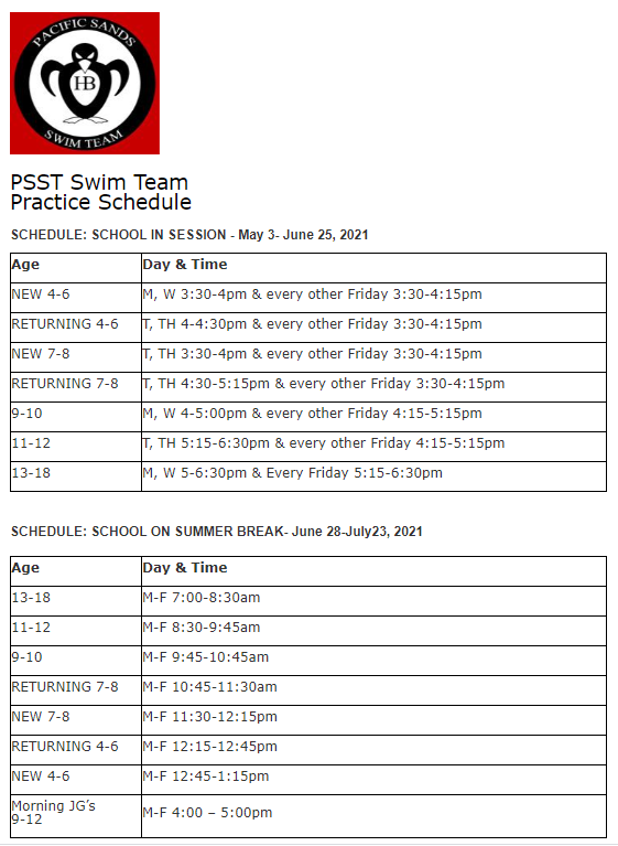 Pacific Sands Penguins Practice Schedule 2021